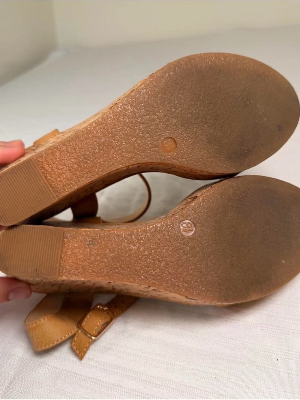 Michael Shannon Tan Cork Wedge T-Strap Sandals